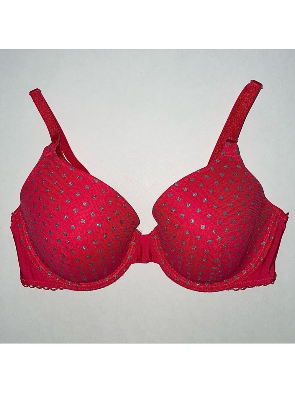 Victoria’s Secret perfect coverage red silver glitter sparkle polka dots bra 34C